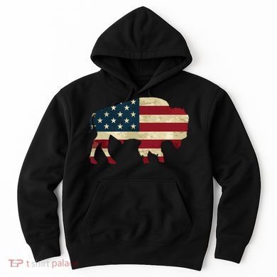 Vintage Buffalo American Flag Bison Patriotic Gift Hoodie