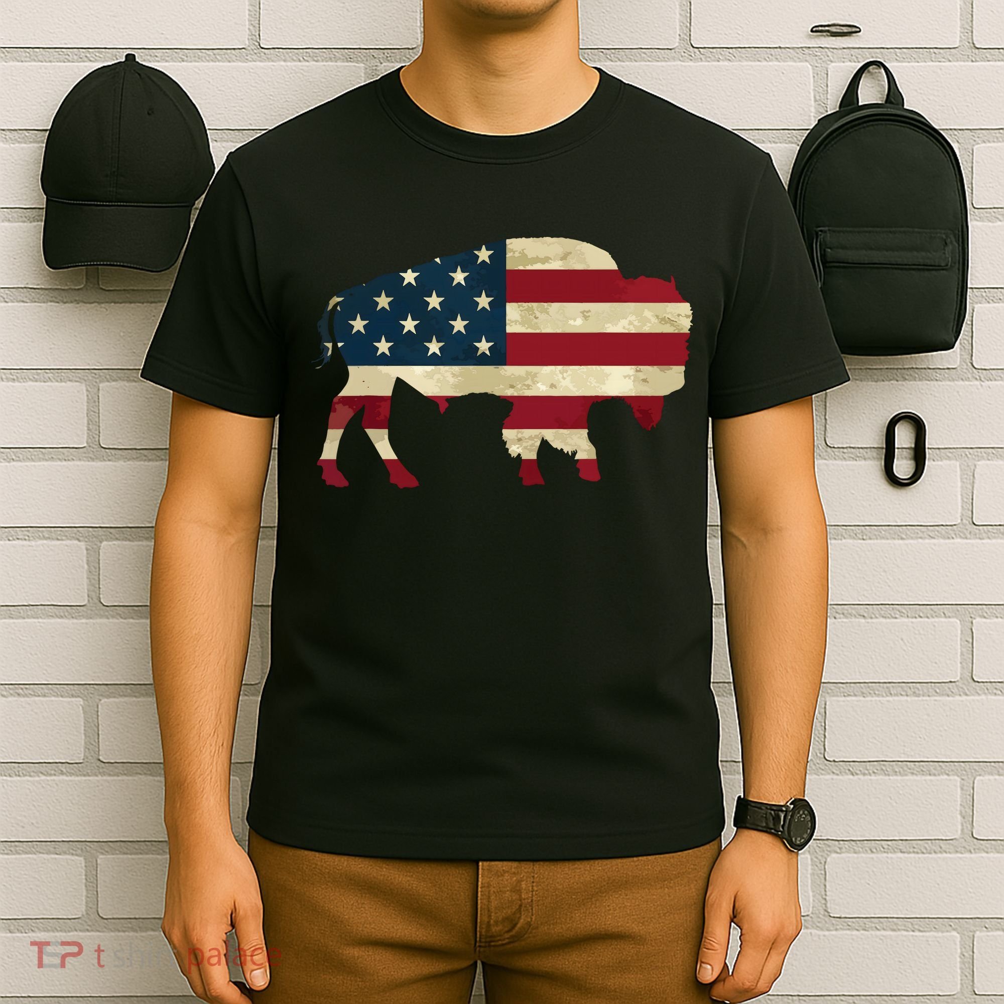 Vintage Buffalo American Flag Bison Patriotic Gift T-Shirt