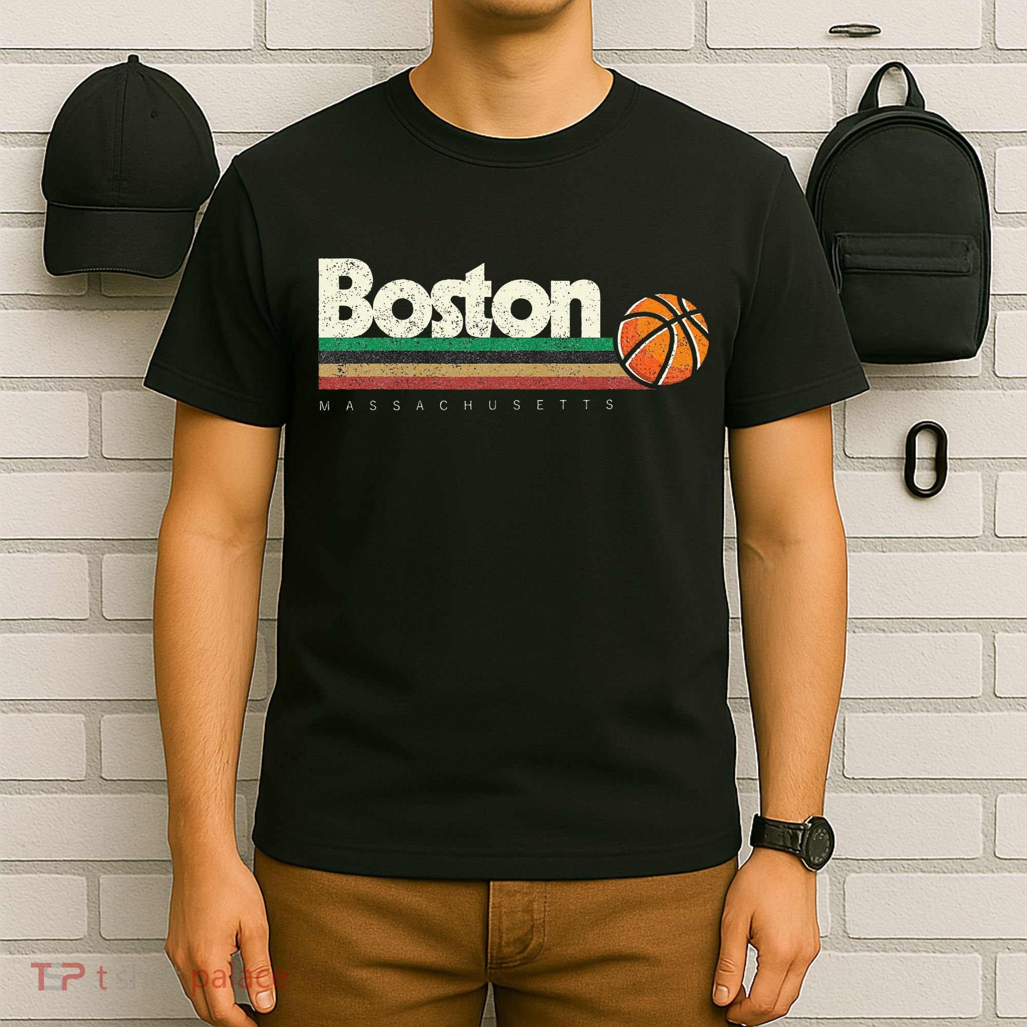 Vintage Basketball Boston City BBall Retro Stripes T-Shirt