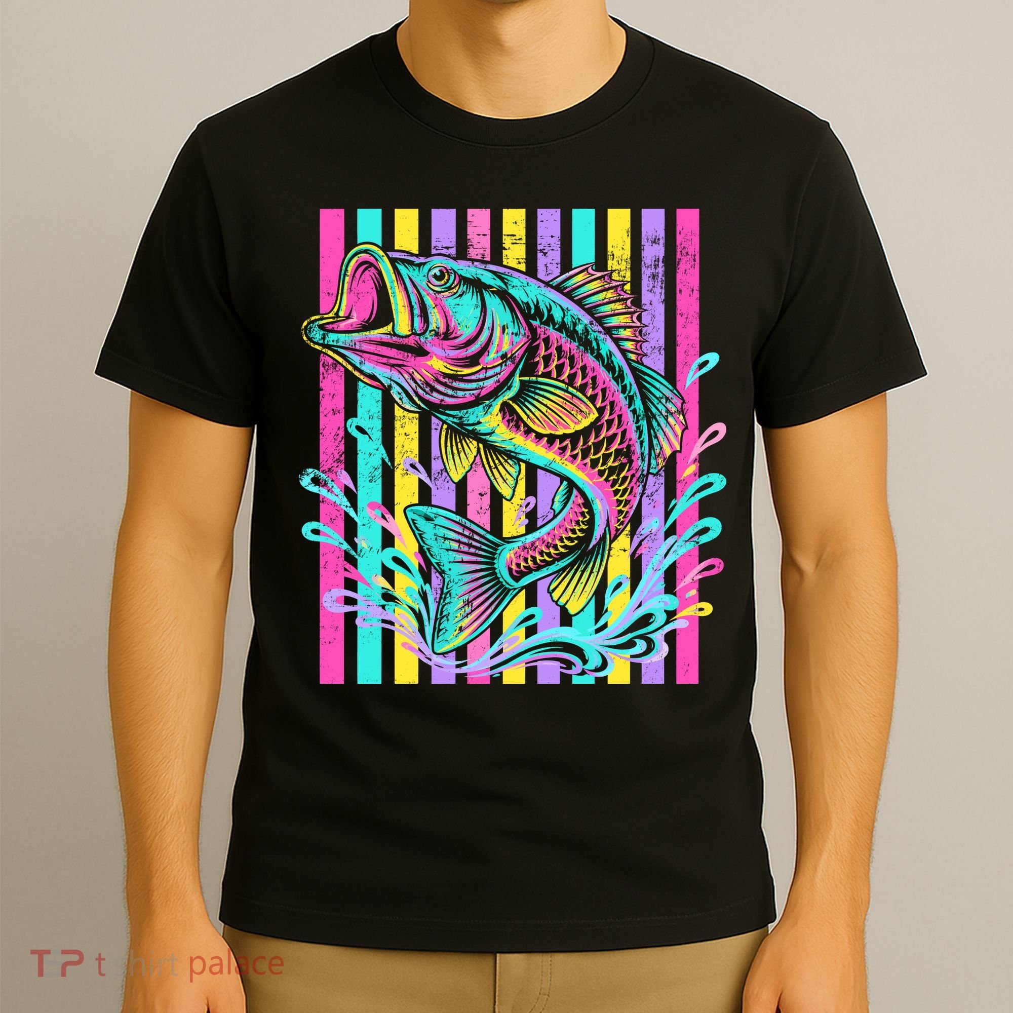 Vibrant Bass Fish Striped Retro Summer Beach Fishing T-Shirt