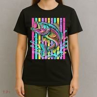 Vibrant Bass Fish Striped Retro Summer Beach Fishing T-Shirt thumb 4