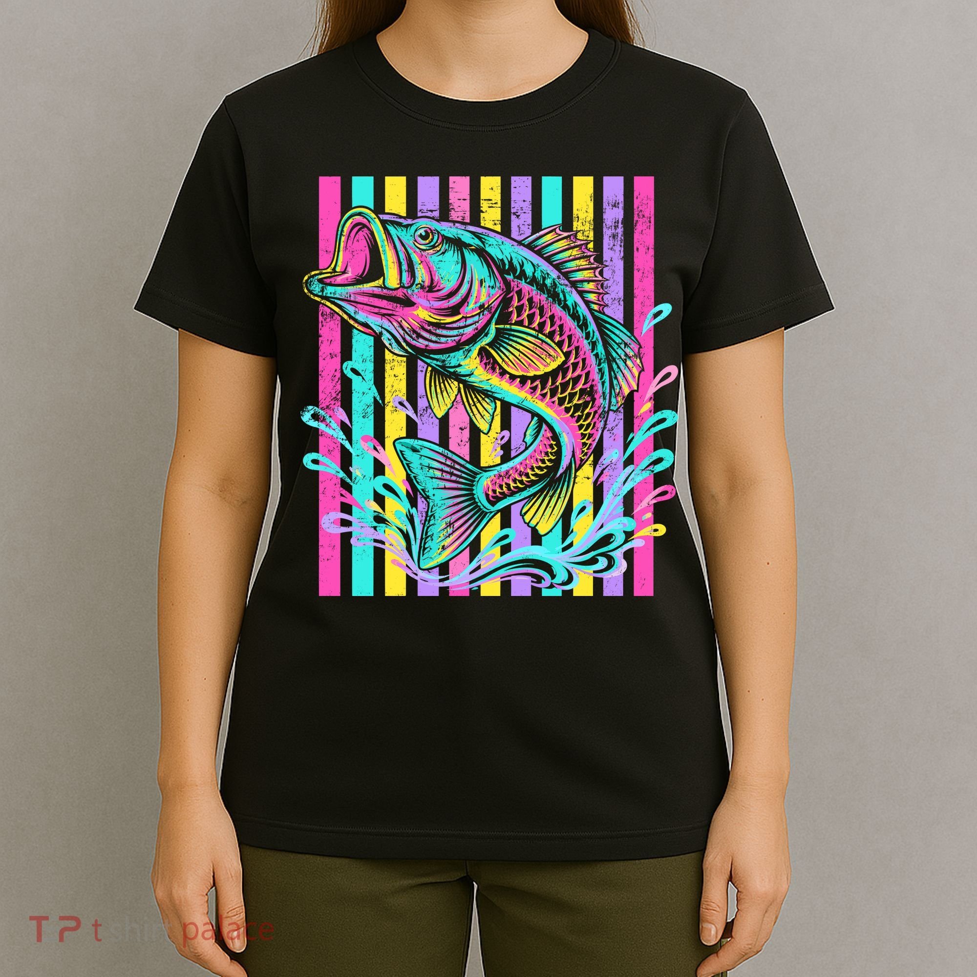 Vibrant Bass Fish Striped Retro Summer Beach Fishing T-Shirt