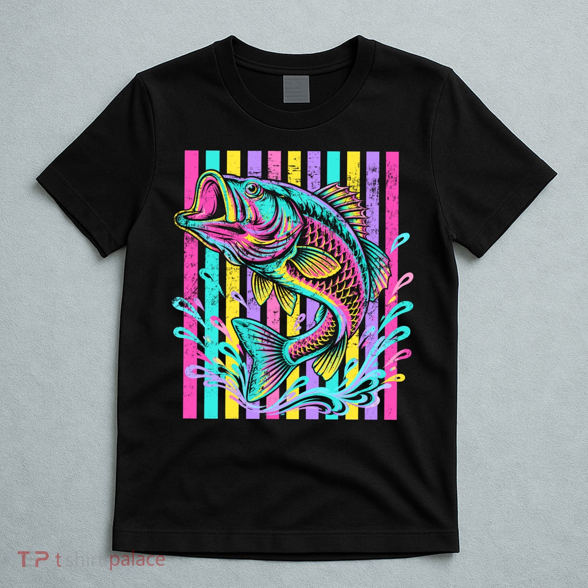 Vibrant Bass Fish Striped Retro Summer Beach Fishing T-Shirt