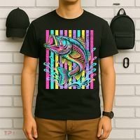 Vibrant Bass Fish Striped Retro Summer Beach Fishing T-Shirt thumb 6