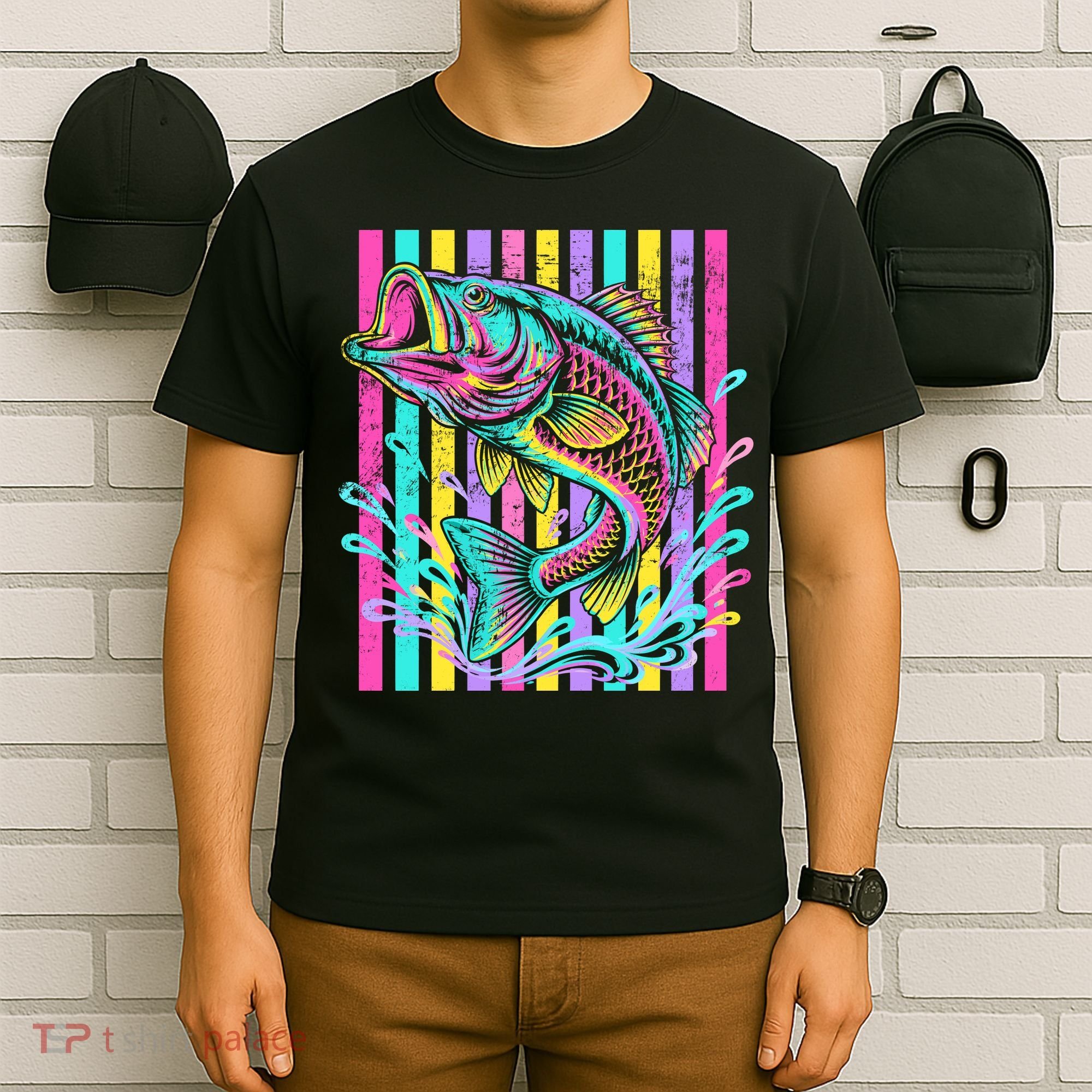 Vibrant Bass Fish Striped Retro Summer Beach Fishing T-Shirt