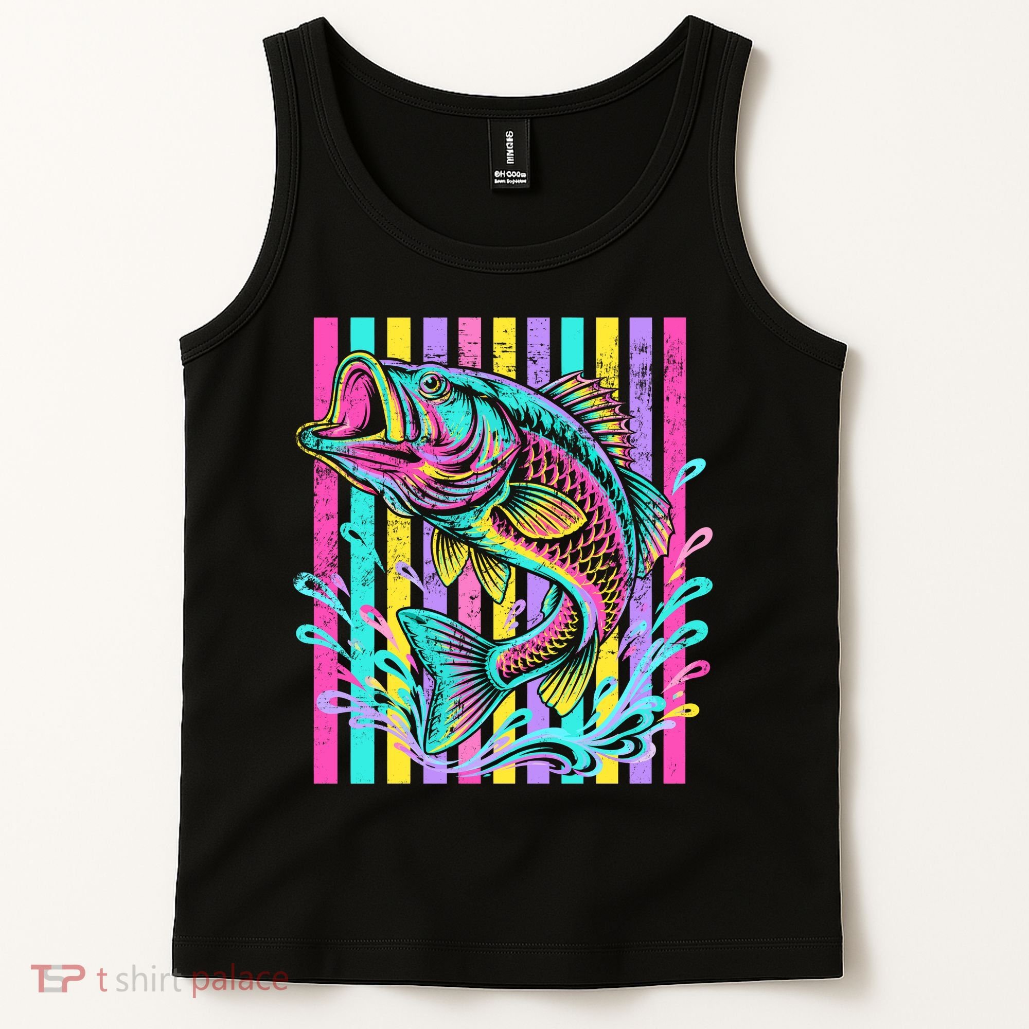 Vibrant Bass Fish Striped Retro Summer Beach Fishing Tank Top