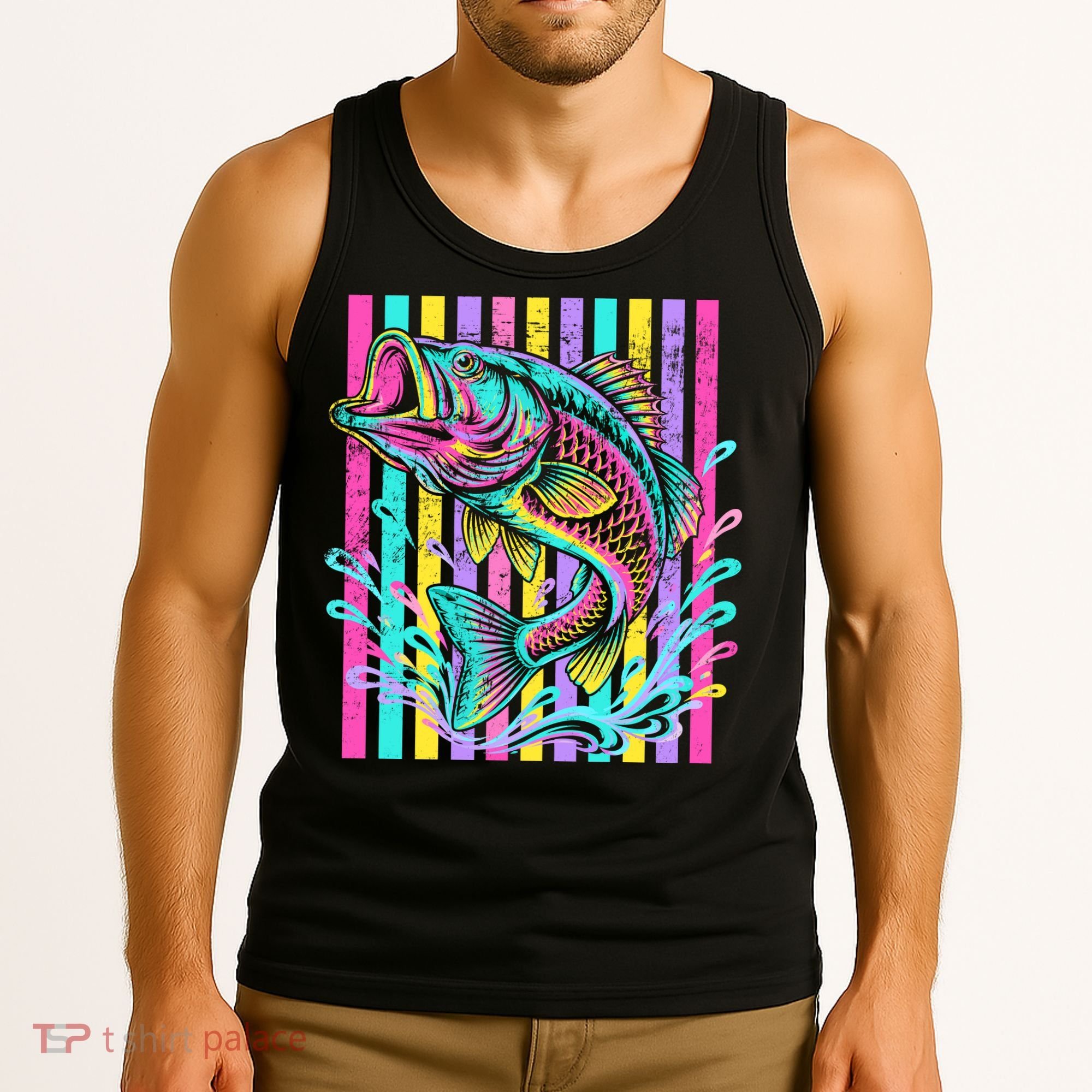 Vibrant Bass Fish Striped Retro Summer Beach Fishing Tank Top