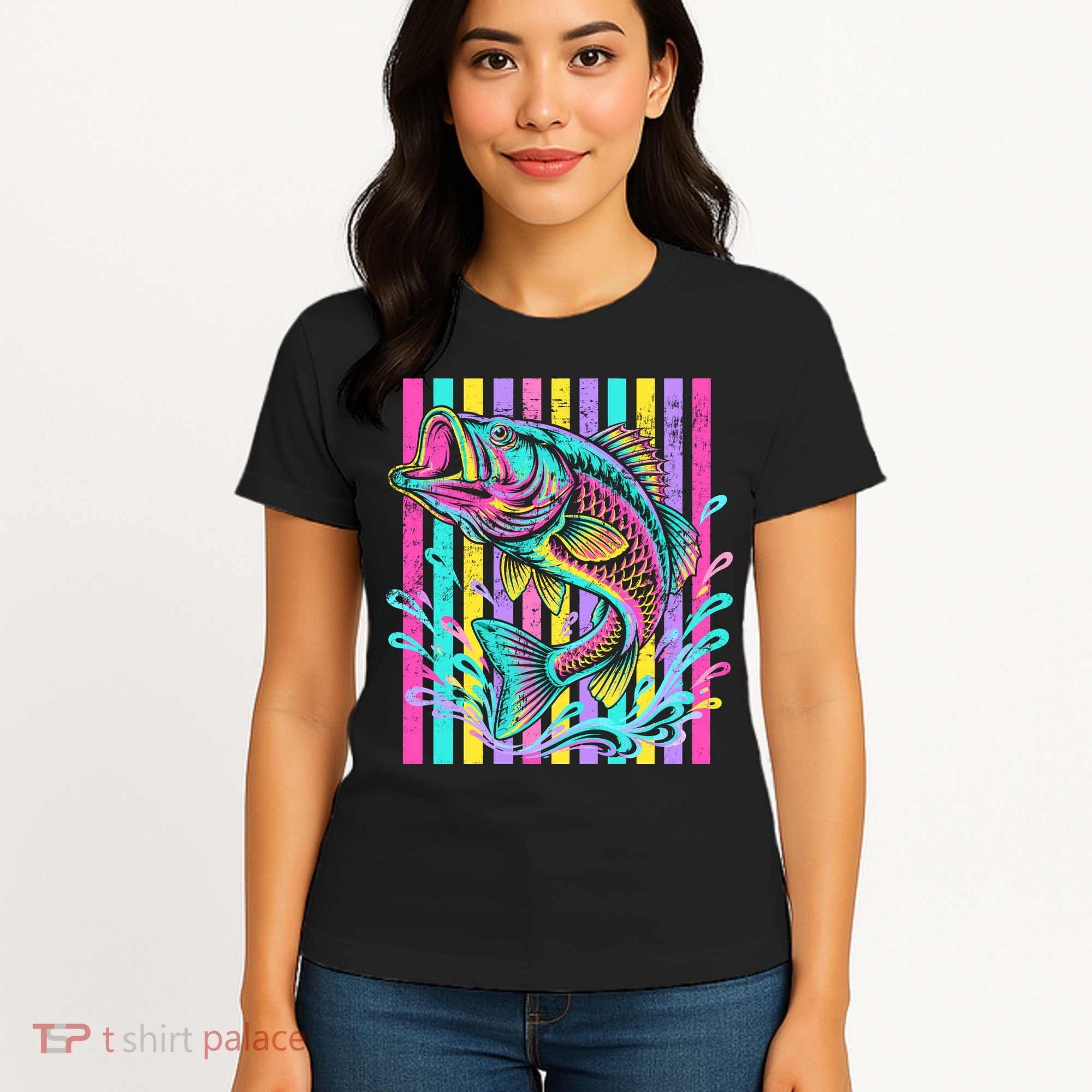 Vibrant Bass Fish Striped Retro Summer Beach Fishing Women's T-Shirt