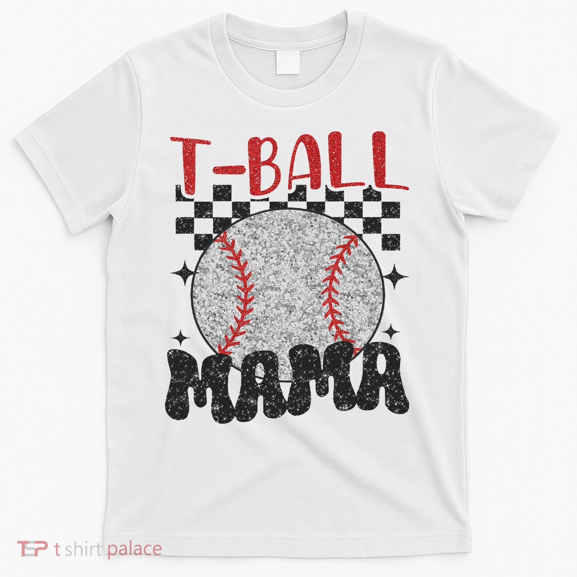 Vintage Ball Mama Softball Mom Checkered Print Mothers Day T-Shirt