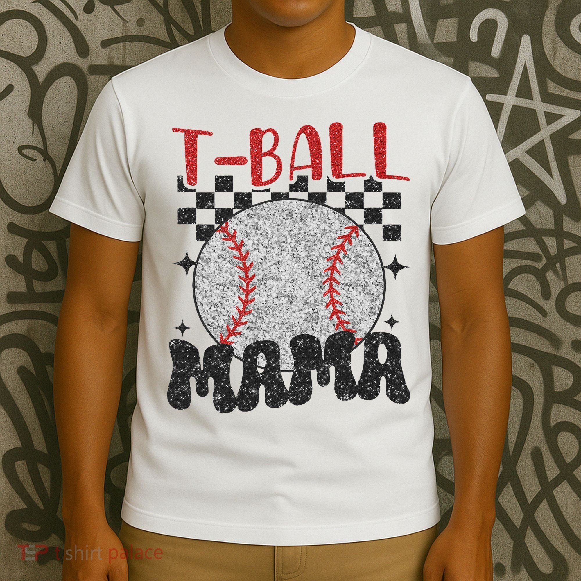 Vintage Ball Mama Softball Mom Checkered Print Mothers Day T-Shirt