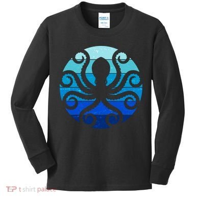 Vintage Blue Octopus Emblem Kids Long Sleeve Shirt