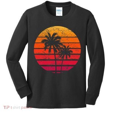Vintage Beach Retro Sunset Palm Trees Tropical Vacation Kids Long Sleeve Shirt