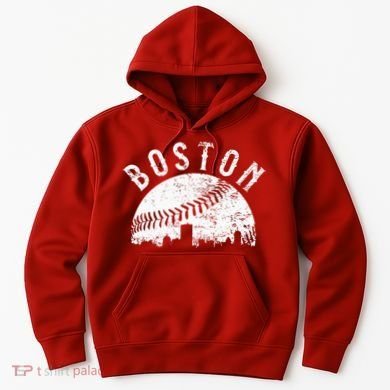Vintage Boston Skyline Baseball Throwback For Red Hoodie