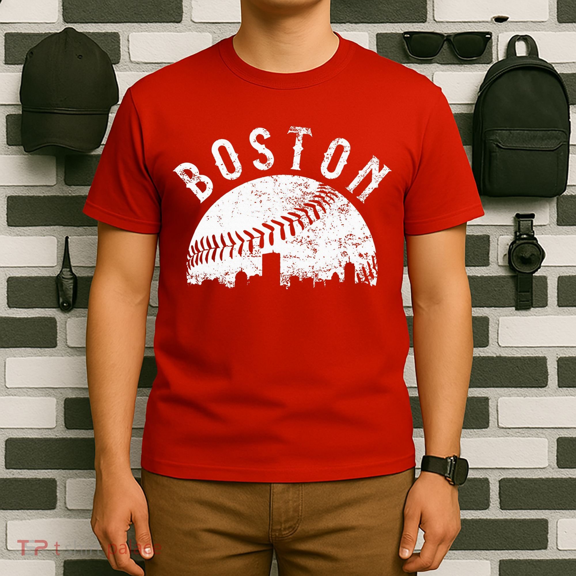 Vintage Boston Skyline Baseball Throwback For Red T-Shirt