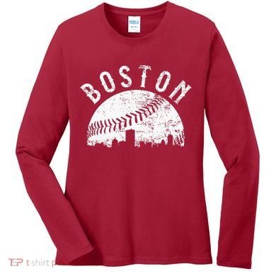 Vintage Boston Skyline Baseball Throwback For Red Women's Long Sleeve Shirt