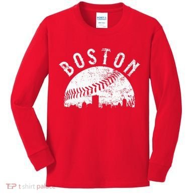 Vintage Boston Skyline Baseball Throwback For Red Kids Long Sleeve Shirt