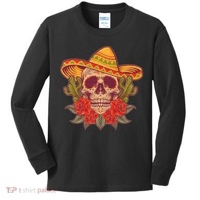 Vintage Cinco De Mayo Sombrero Skull Kids Long Sleeve Shirt