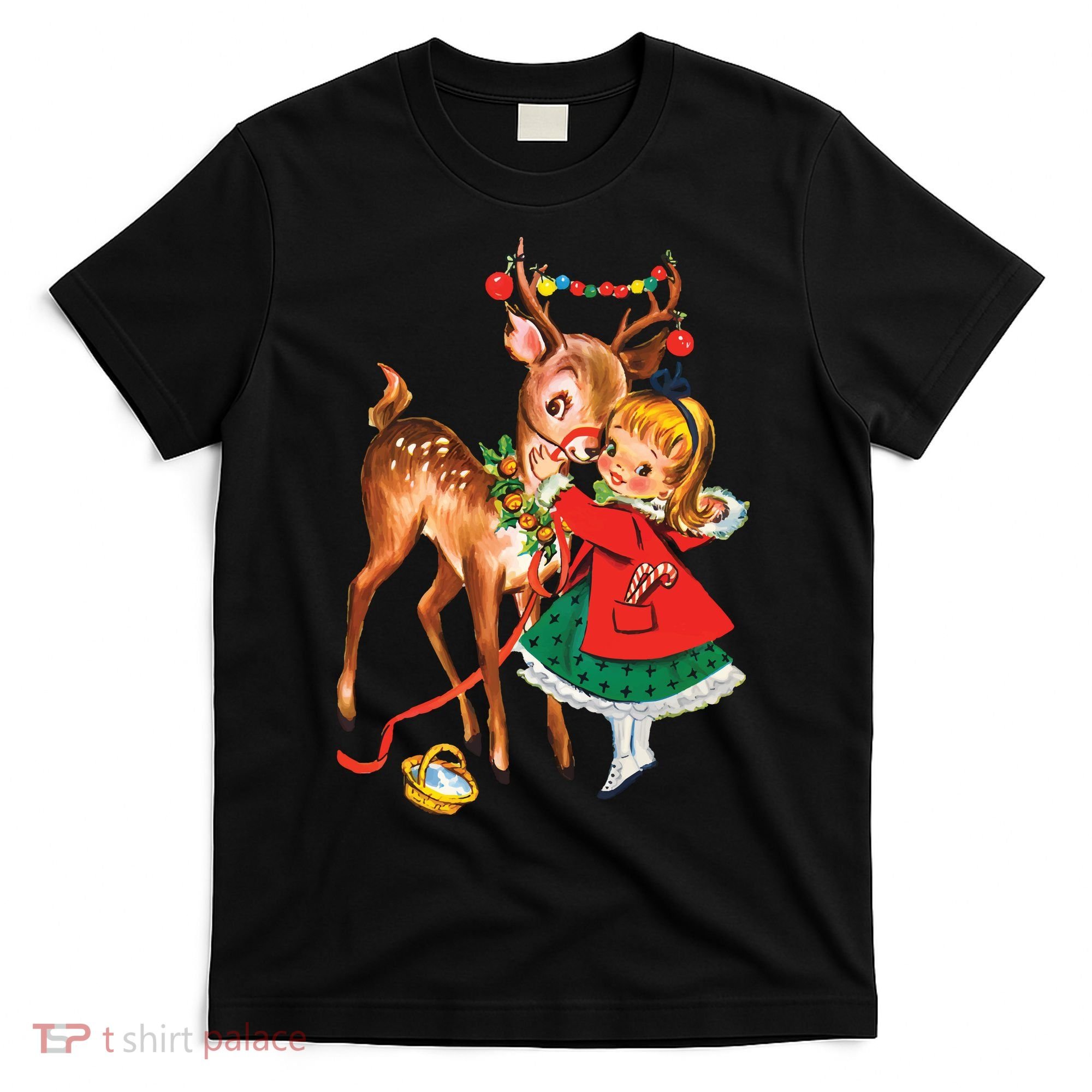 Vintage Christmas Girl And Reindeer Retro 1950s Christmas T-Shirt