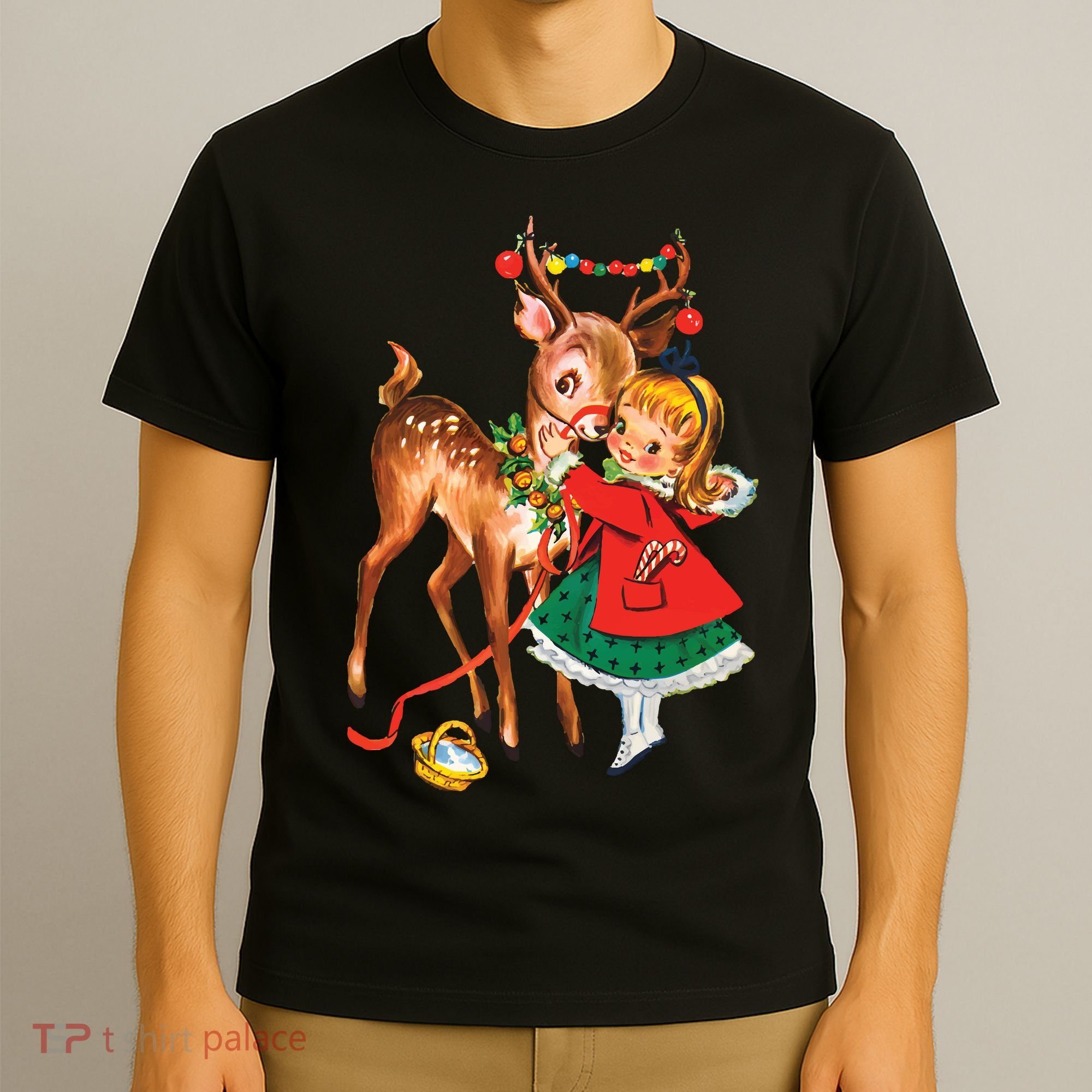 Vintage Christmas Girl And Reindeer Retro 1950s Christmas T-Shirt