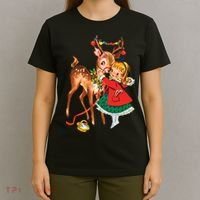Vintage Christmas Girl And Reindeer Retro 1950s Christmas T-Shirt thumb 4