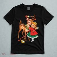 Vintage Christmas Girl And Reindeer Retro 1950s Christmas T-Shirt thumb 5