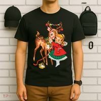 Vintage Christmas Girl And Reindeer Retro 1950s Christmas T-Shirt thumb 6