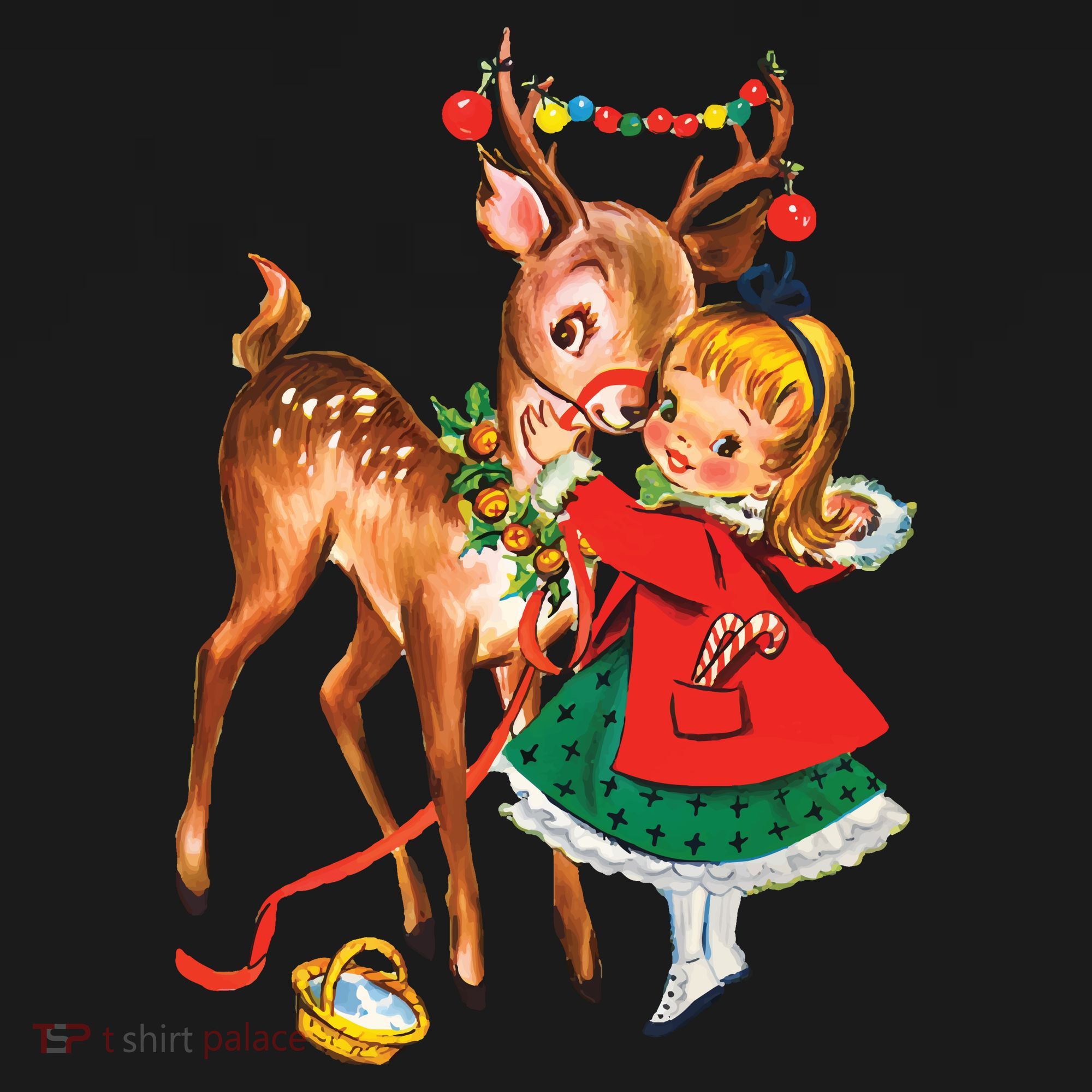 Vintage Christmas Girl And Reindeer Retro 1950s Christmas T-Shirt