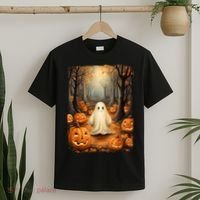 Vintage Cute Ghost Pumpkin Autumn Halloween Gothic Painting T-Shirt thumb 2