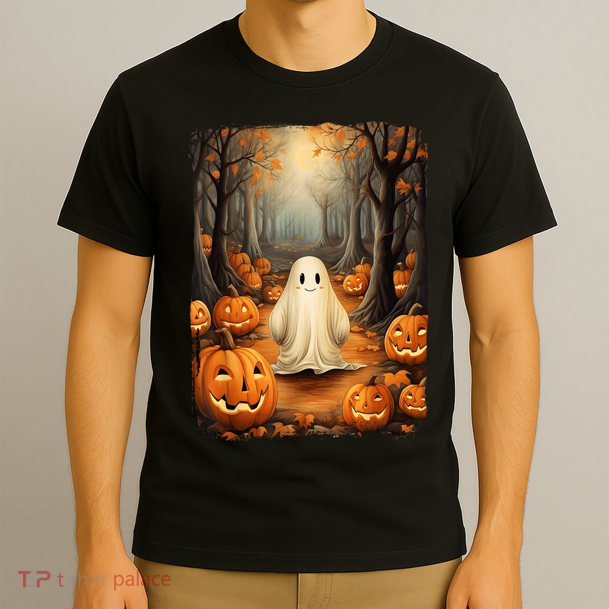 Vintage Cute Ghost Pumpkin Autumn Halloween Gothic Painting T-Shirt