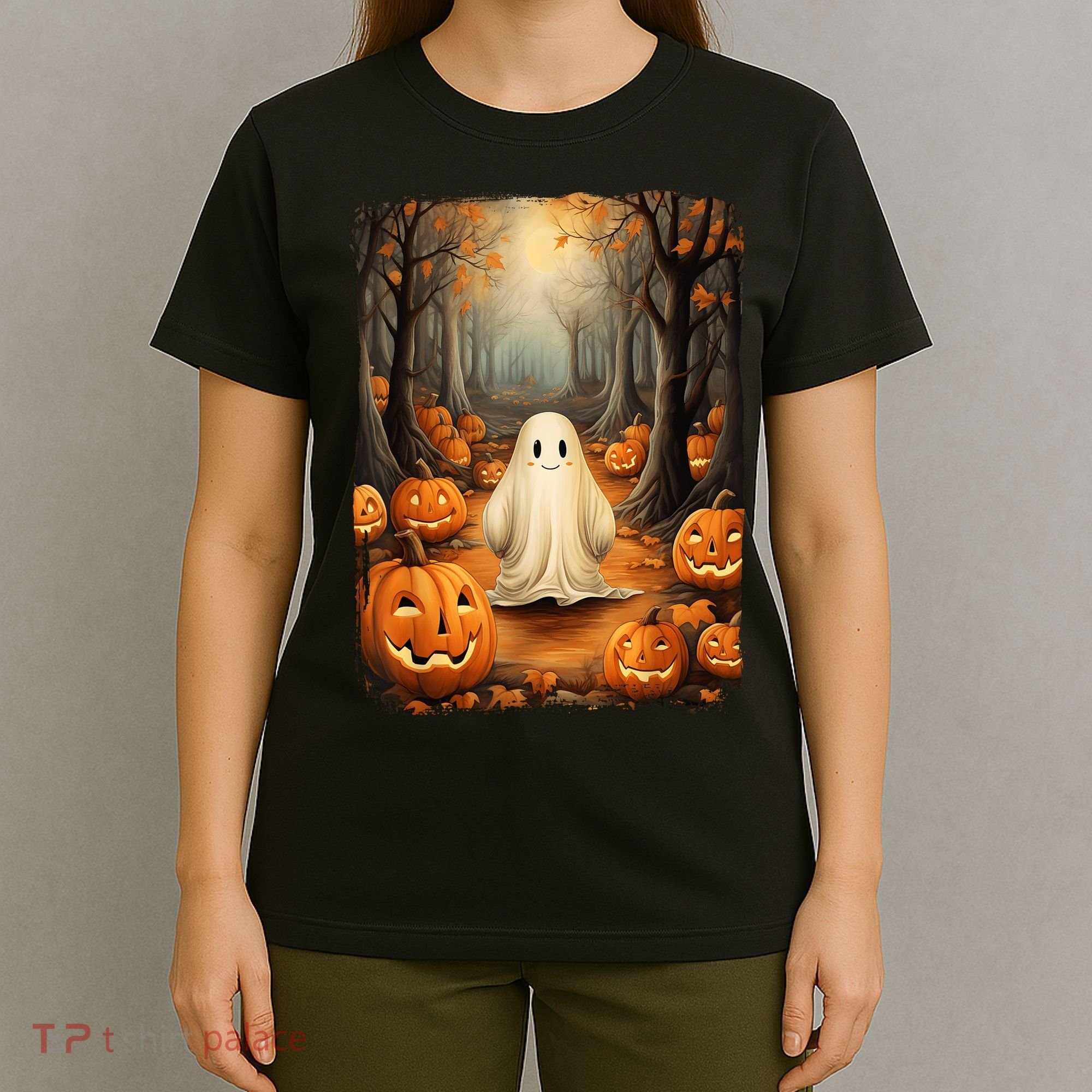 Vintage Cute Ghost Pumpkin Autumn Halloween Gothic Painting T-Shirt