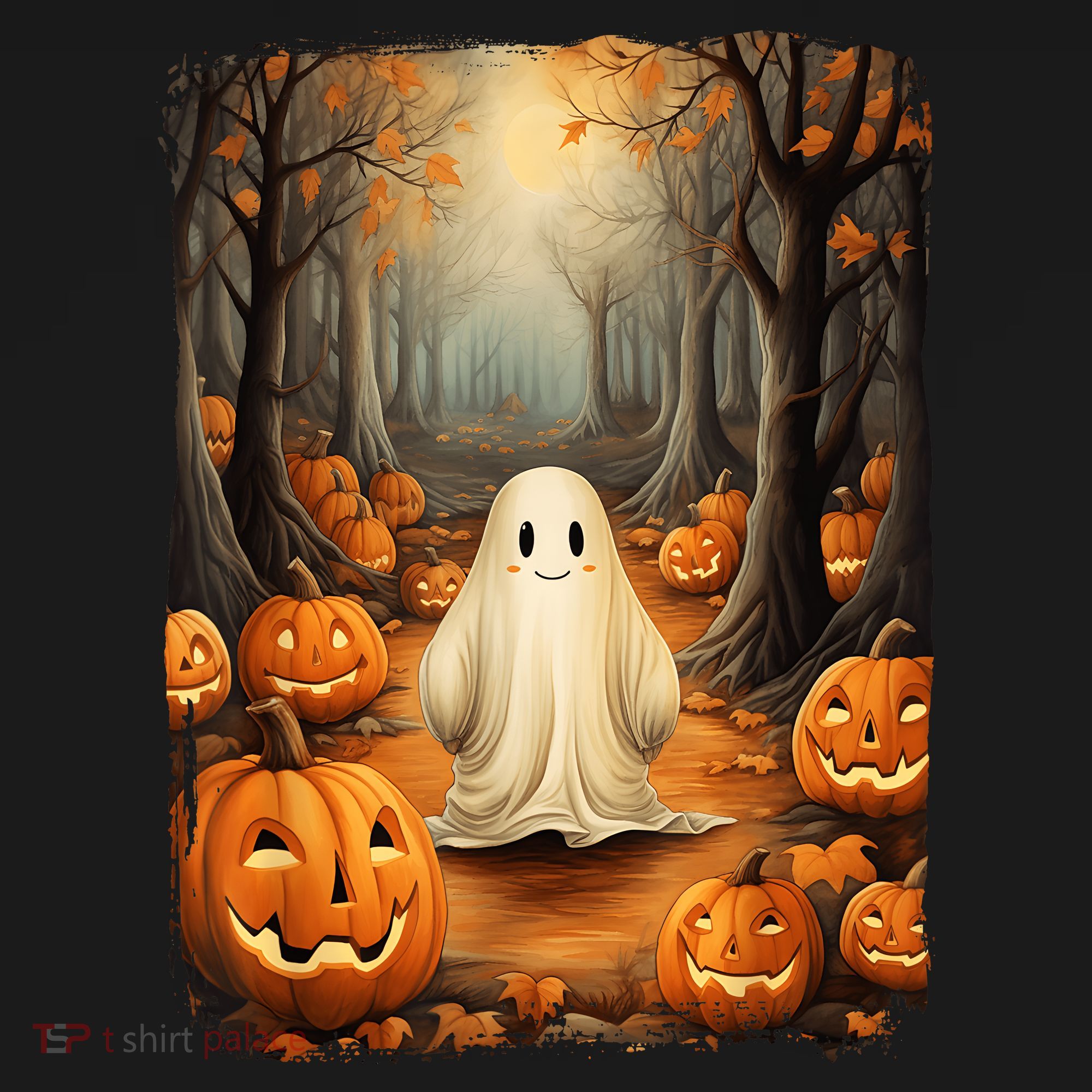 Vintage Cute Ghost Pumpkin Autumn Halloween Gothic Painting T-Shirt