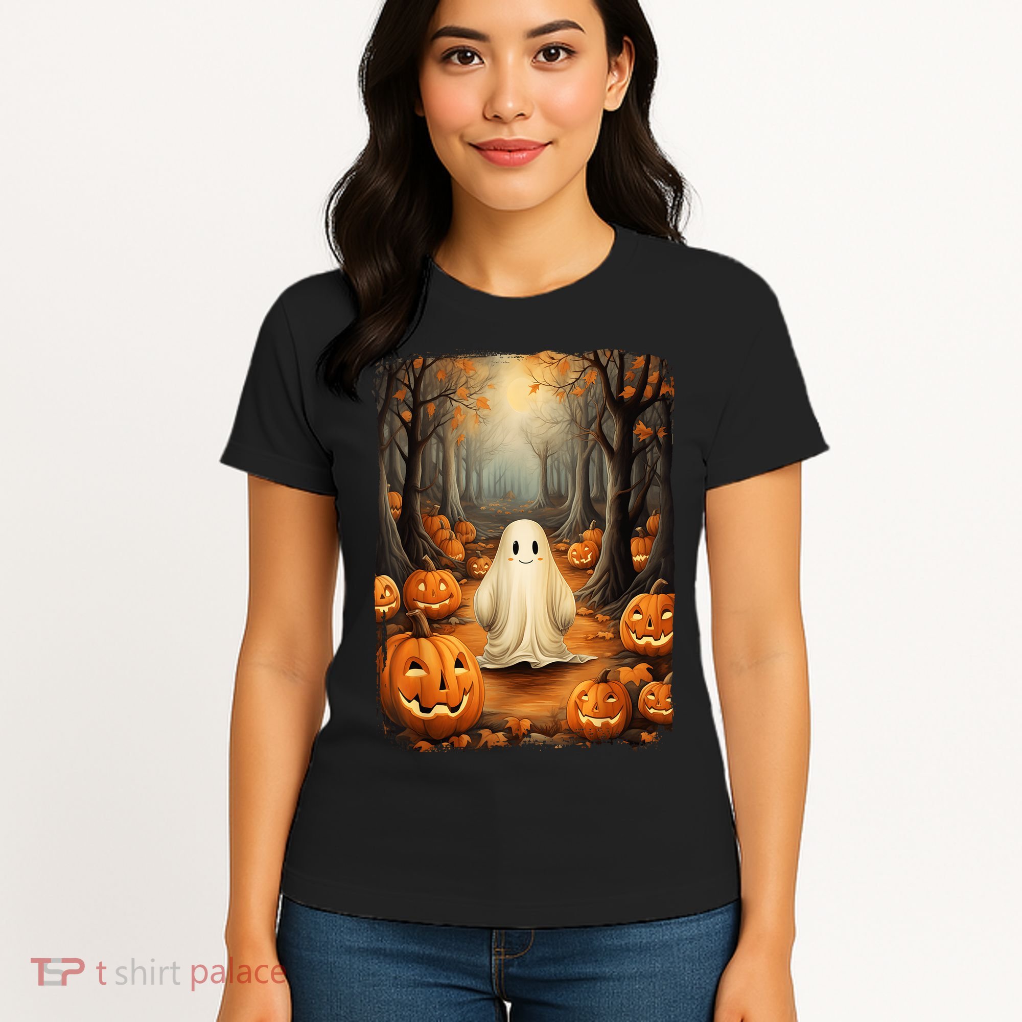Vintage Cute Ghost Pumpkin Autumn Halloween Gothic Painting Women's T-Shirt