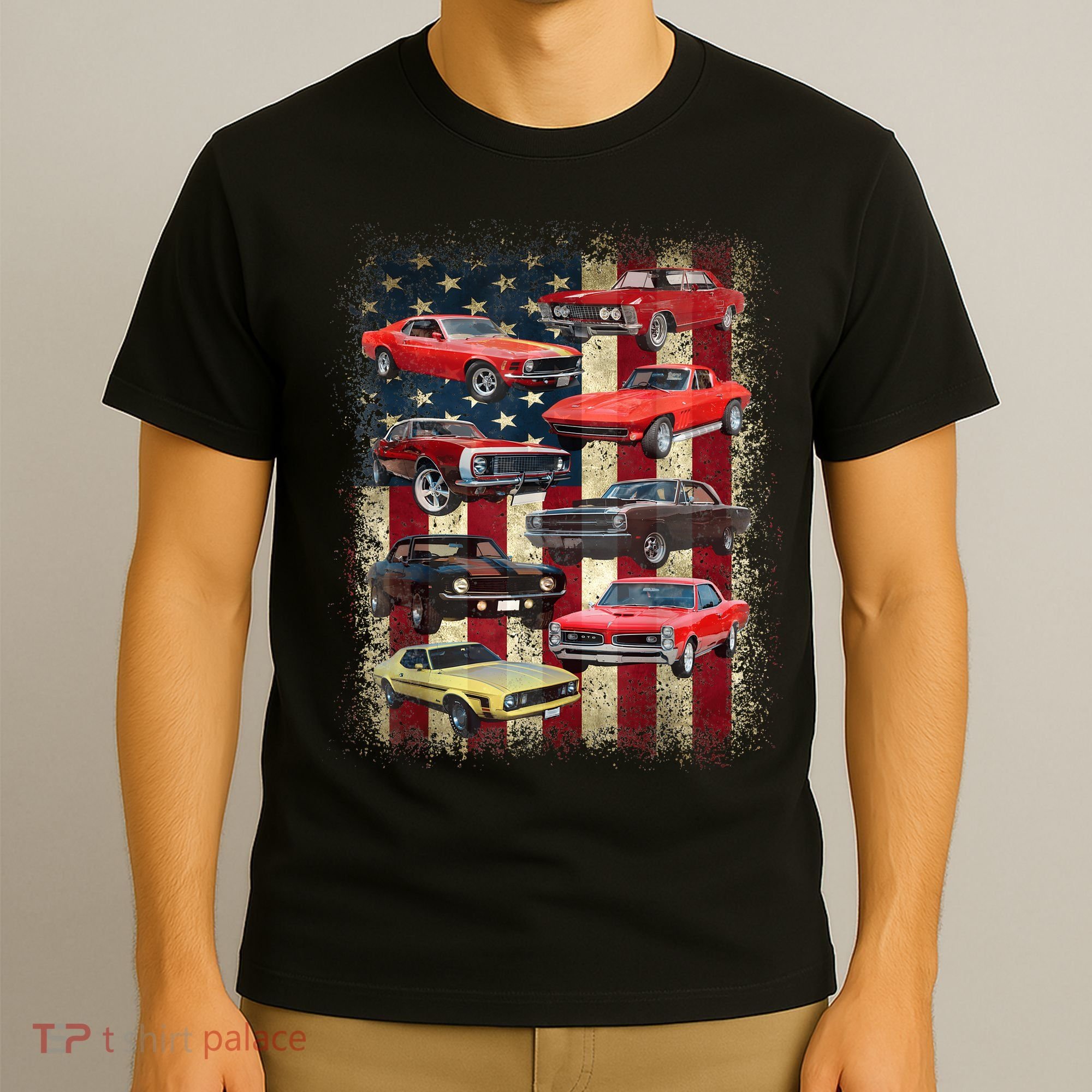 Vintage Classic Muscle Car Retro American Flag Patriotic T-Shirt