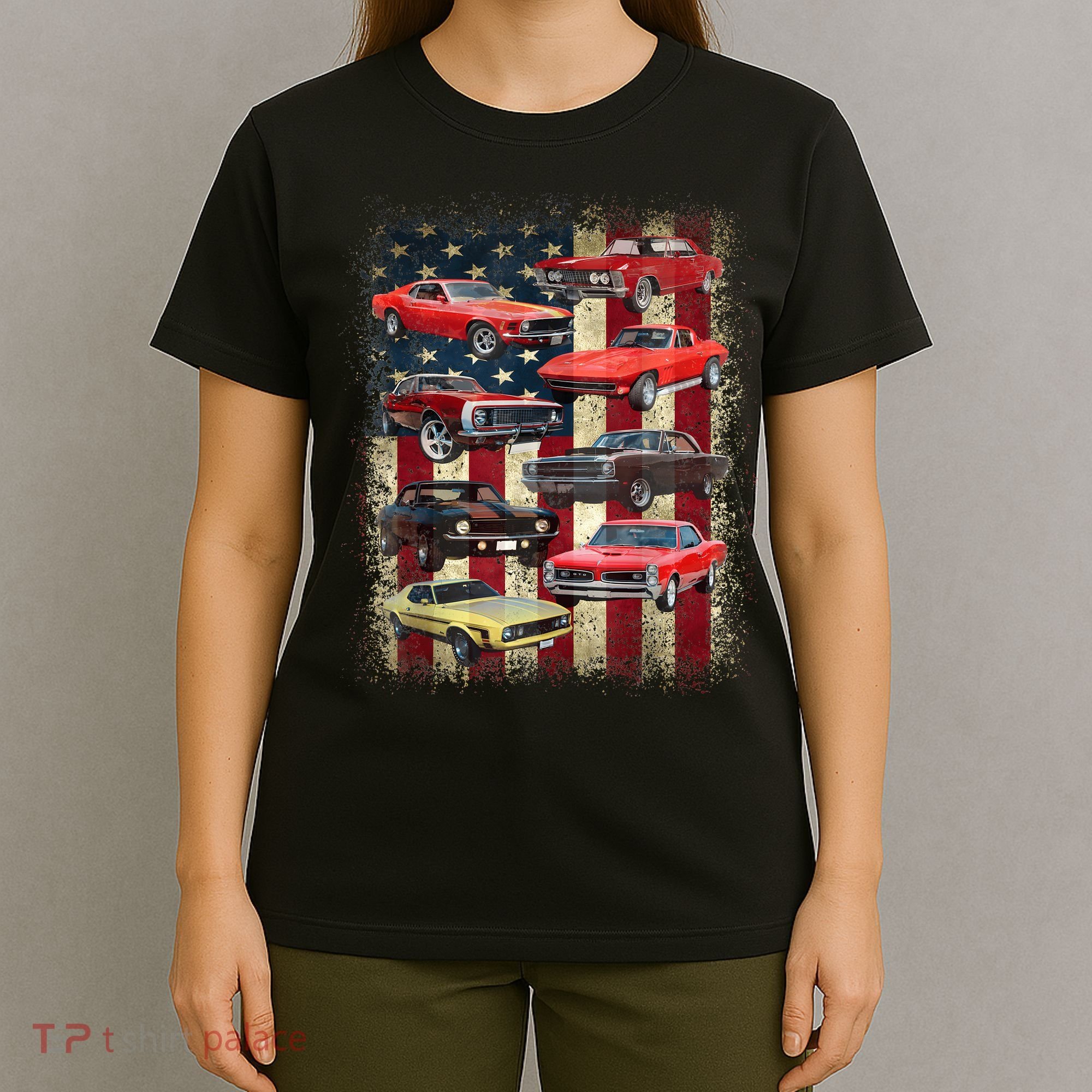 Vintage Classic Muscle Car Retro American Flag Patriotic T-Shirt