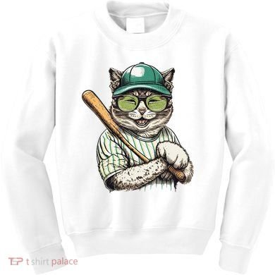 Vintage Cat Playing Baseball Baseball Bat Kitties Lover Kids Sweatshirt