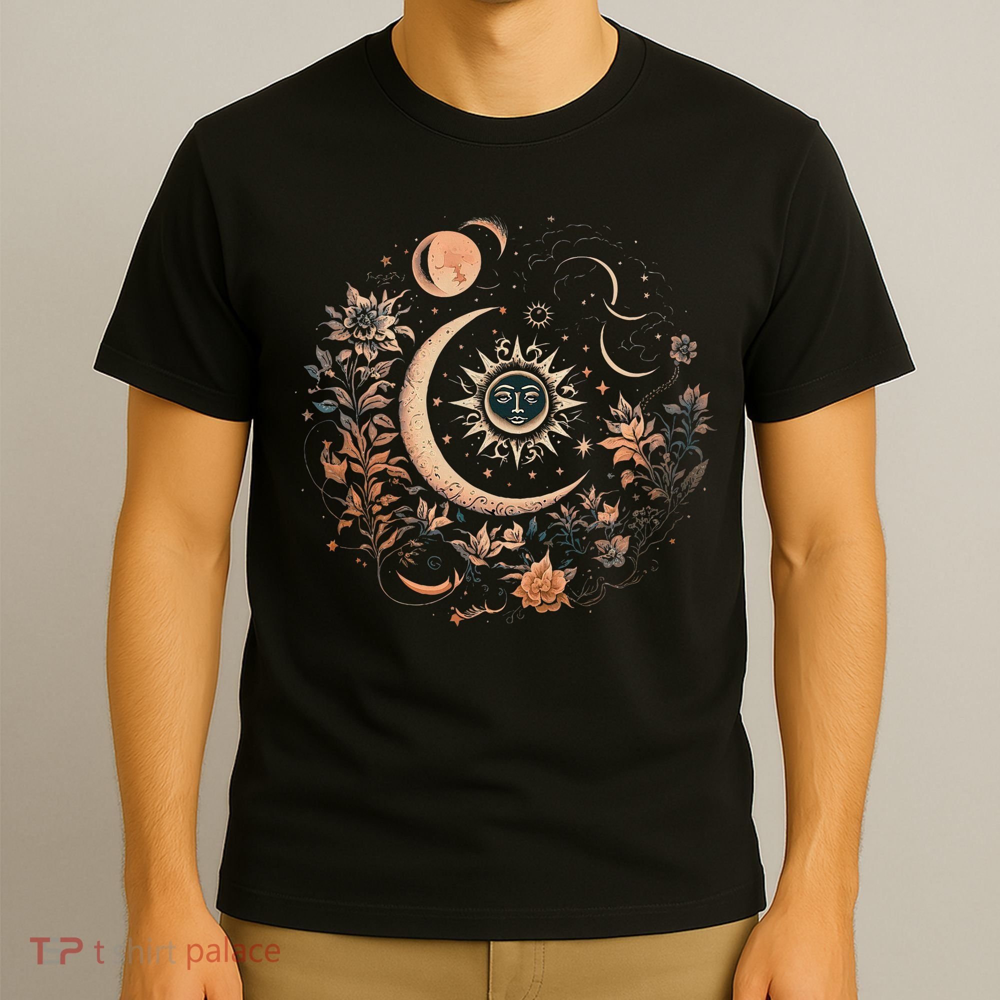 Vintage Celestial Sun And Moon Floral Boho T-Shirt