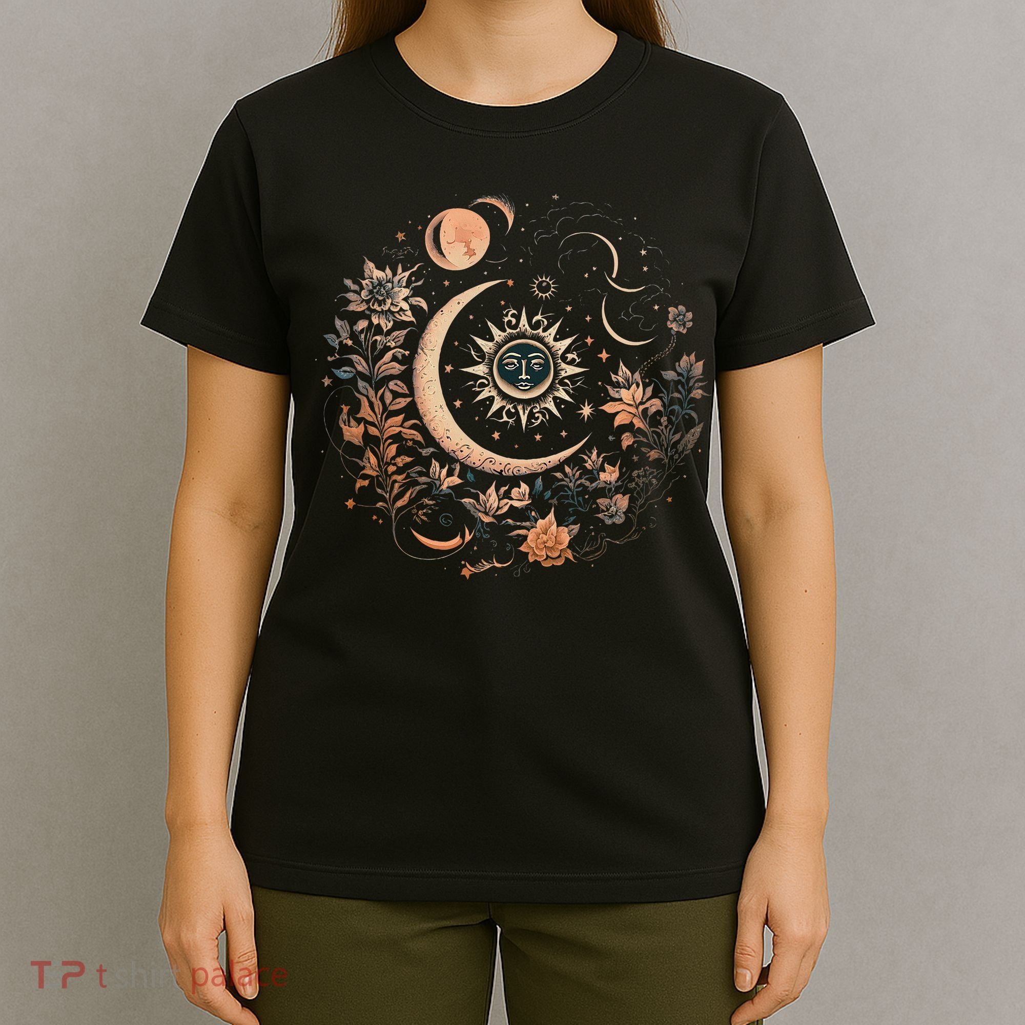 Vintage Celestial Sun And Moon Floral Boho T-Shirt