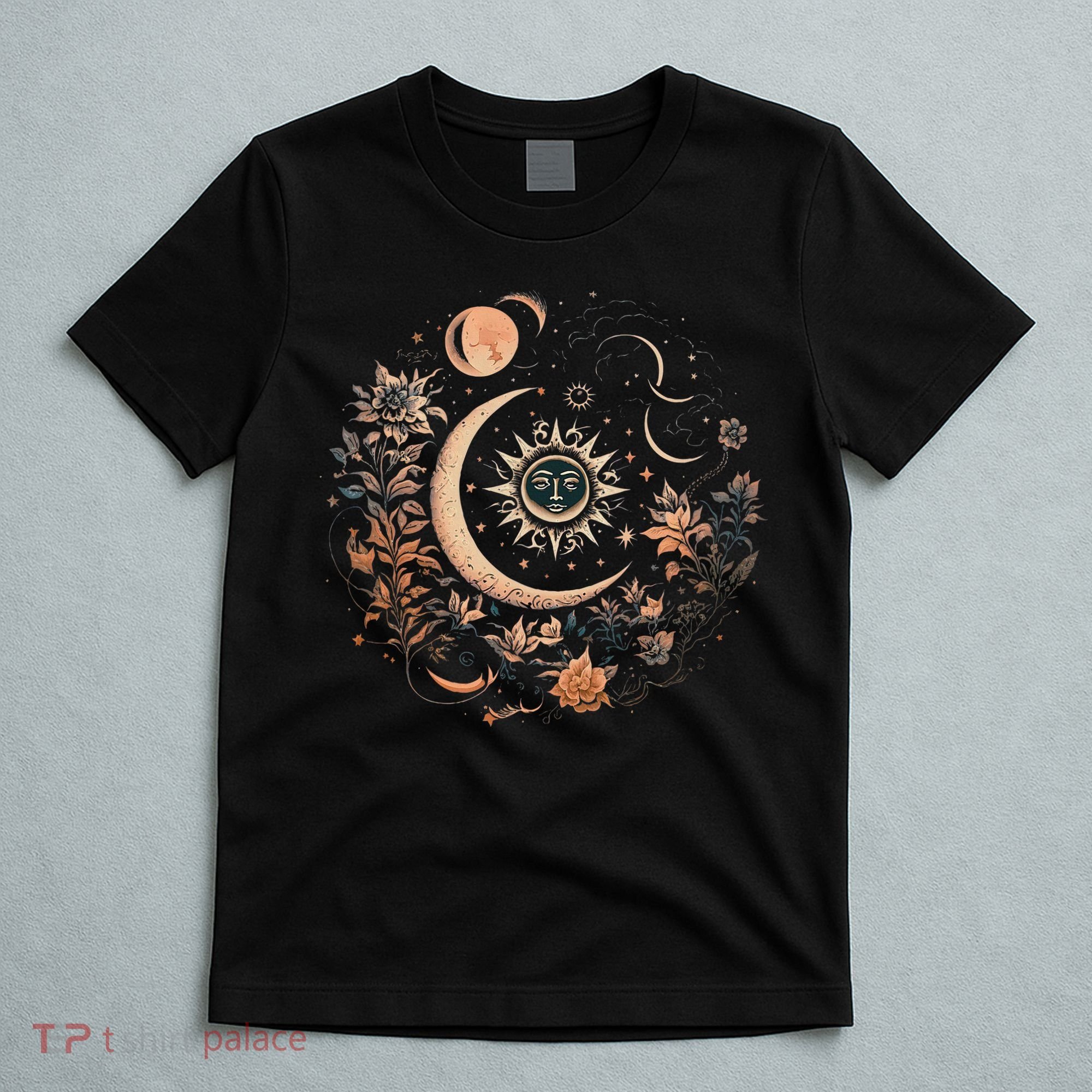 Vintage Celestial Sun And Moon Floral Boho T-Shirt