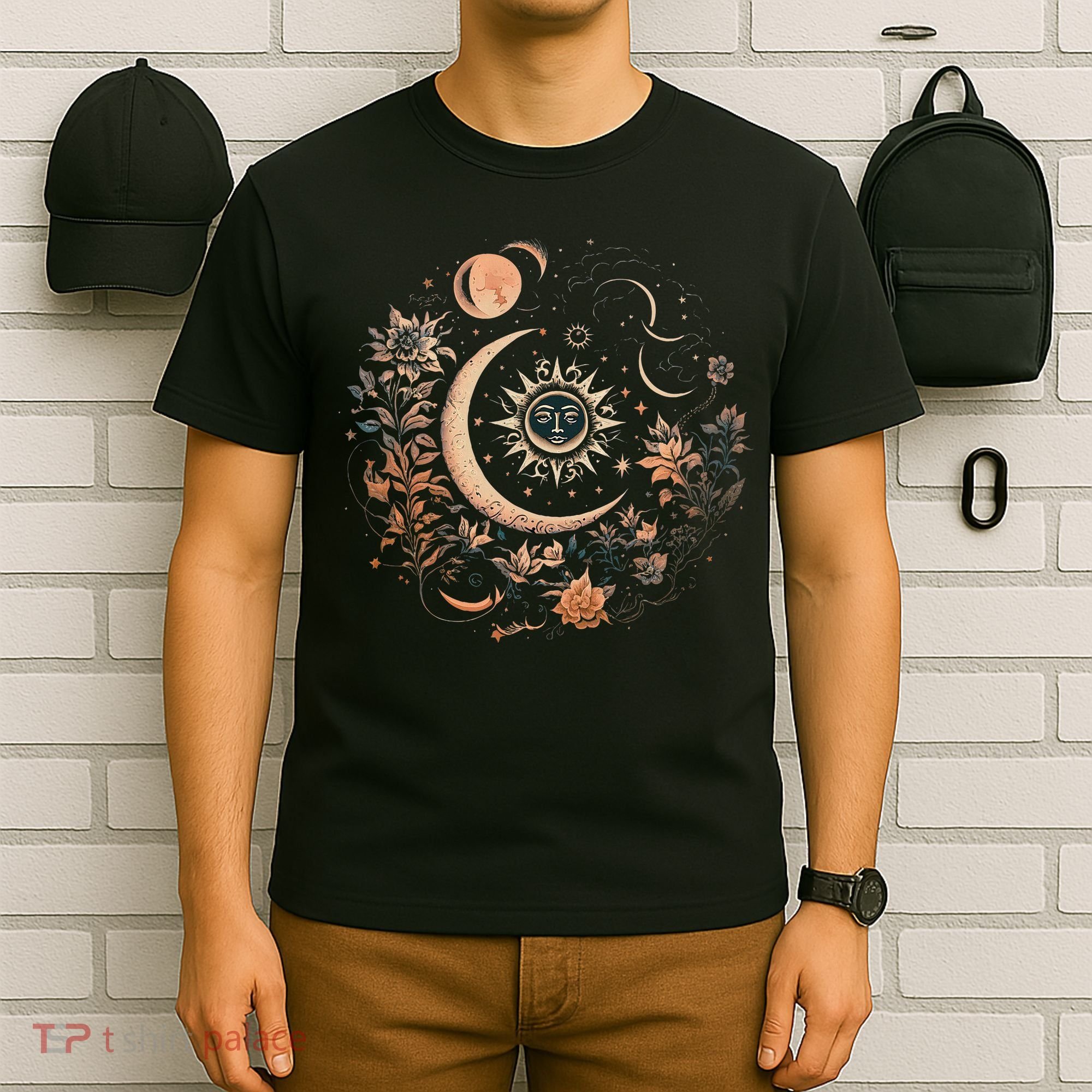 Vintage Celestial Sun And Moon Floral Boho T-Shirt