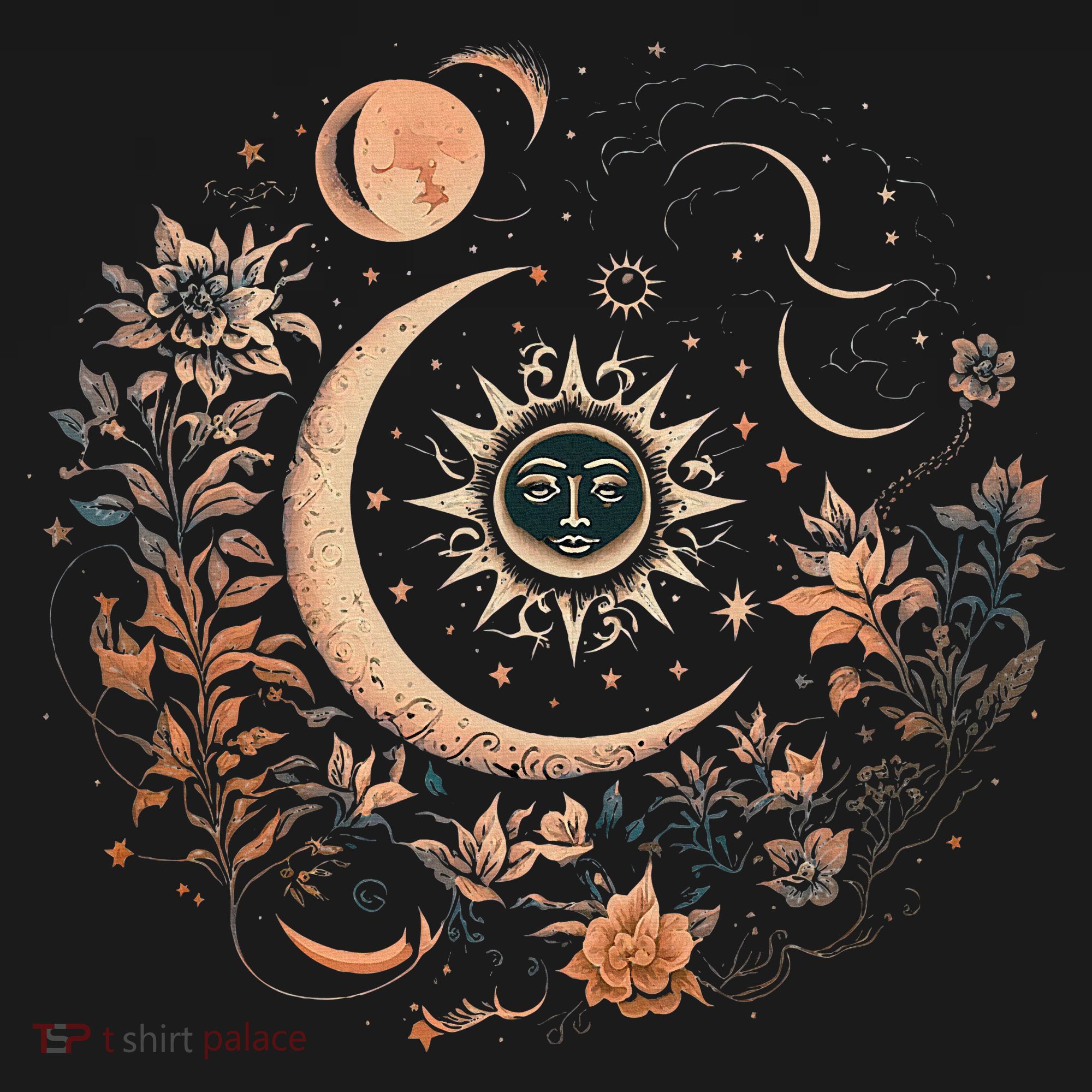 Vintage Celestial Sun And Moon Floral Boho T-Shirt