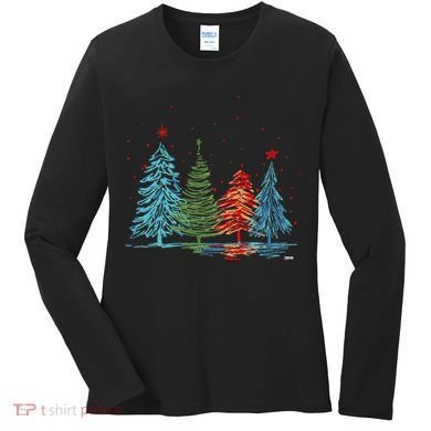 Vintage Christmas Trees Hand Drawing Christmas Trees Women's Long Sleeve Shirt