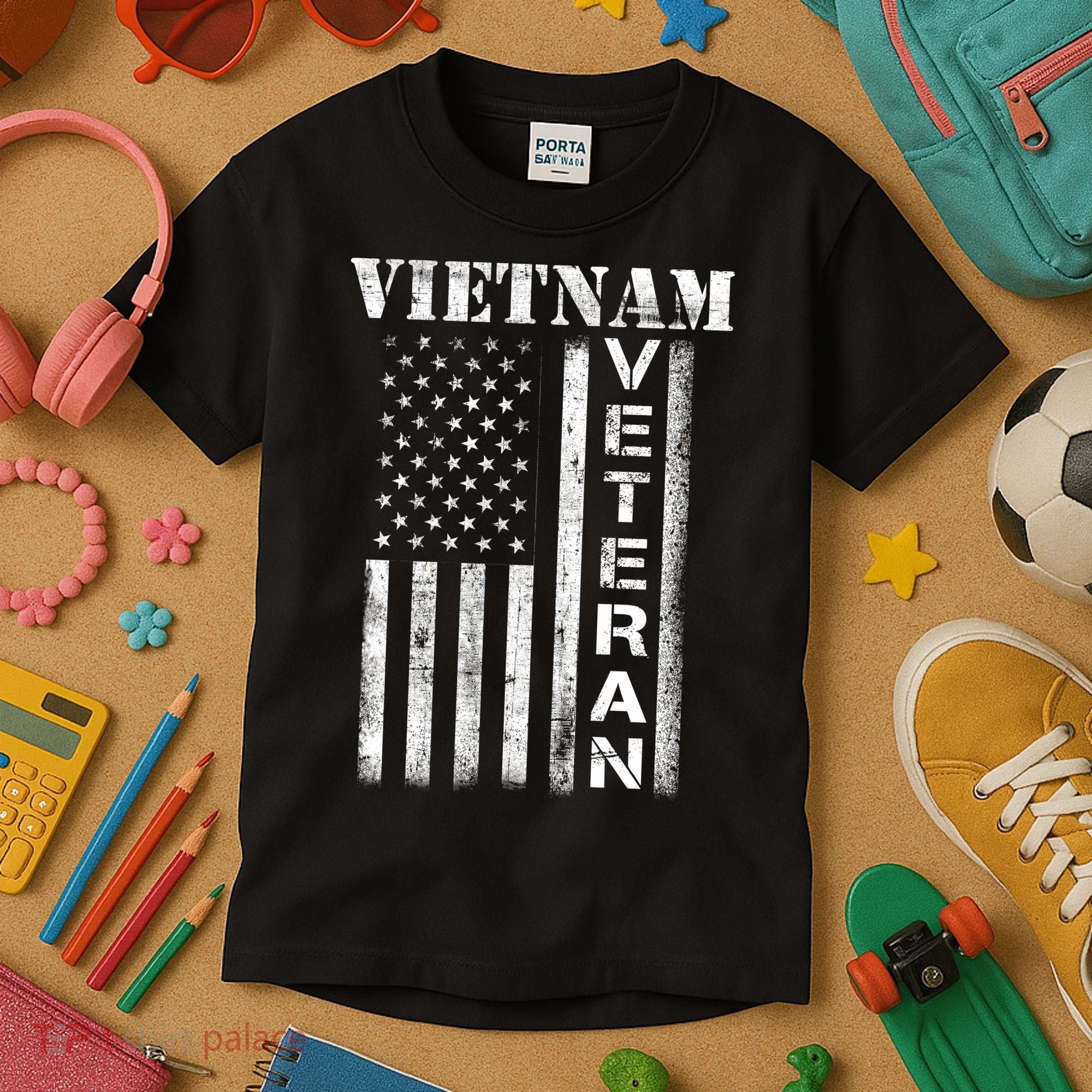 Vietnam Combat Veteran Flag Patriotic Veterans Day Gift Kids T-Shirt