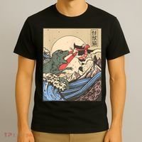 Vintage Cat Vs Monster Retro Japanese Great Wave Otaku Manga T-Shirt thumb 3