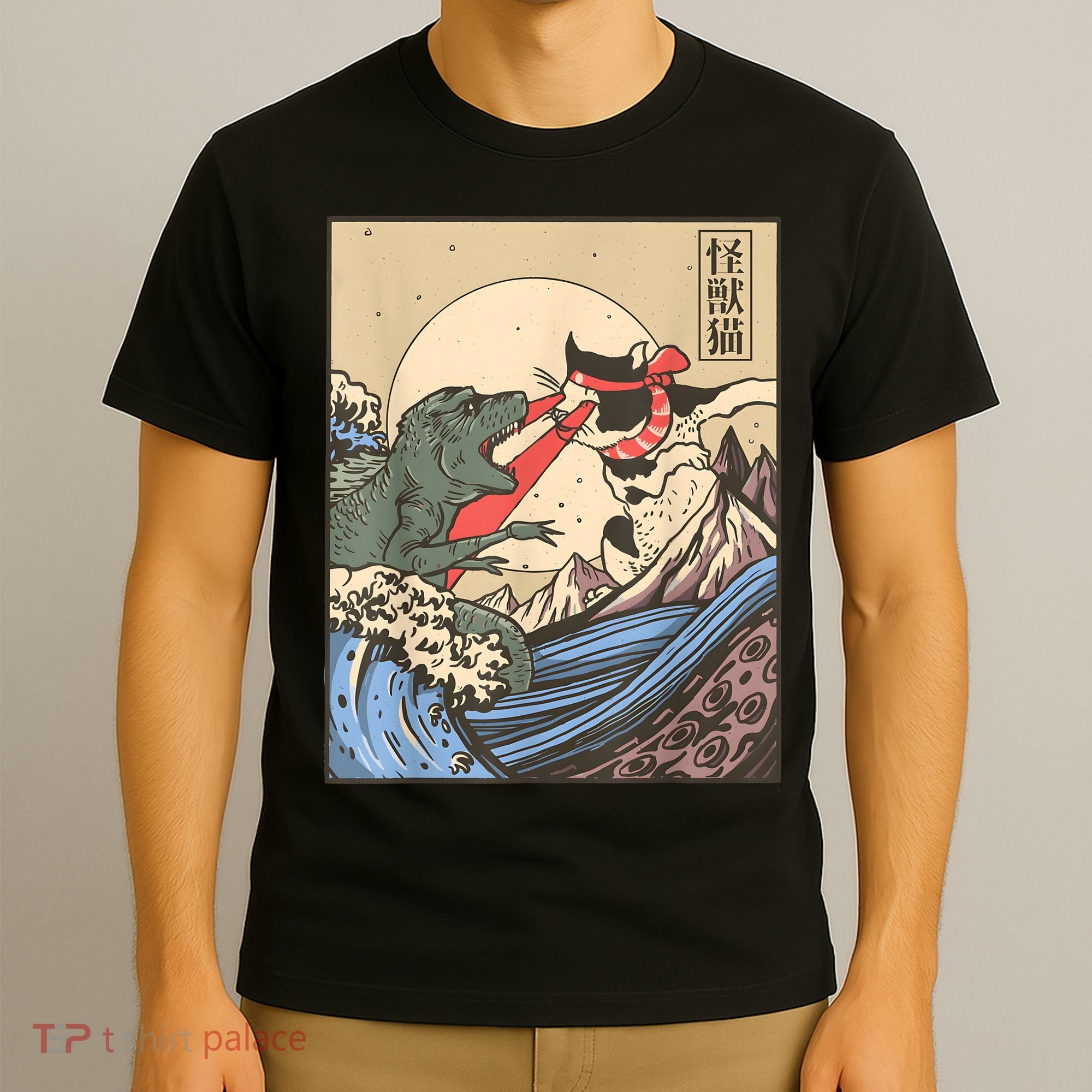 Vintage Cat Vs Monster Retro Japanese Great Wave Otaku Manga T-Shirt