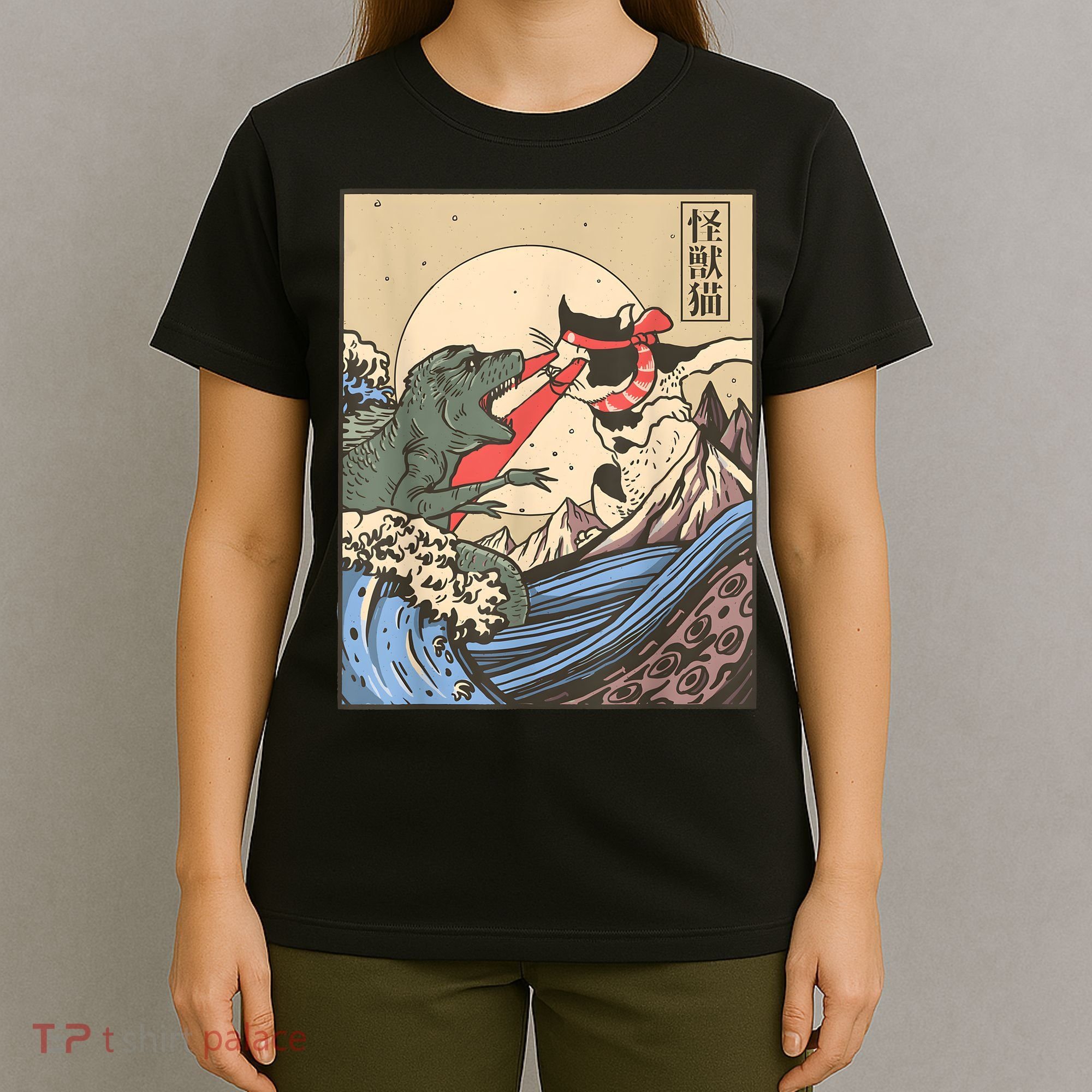 Vintage Cat Vs Monster Retro Japanese Great Wave Otaku Manga T-Shirt