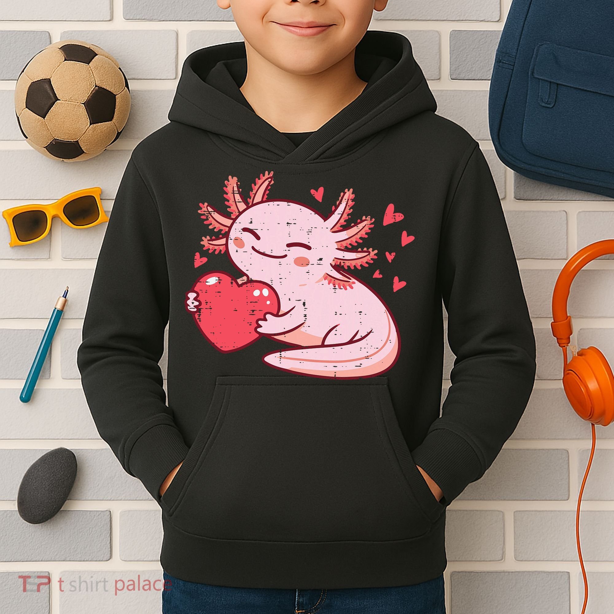 Valentines Day Axolotl Heart Cute  Kids Hoodie