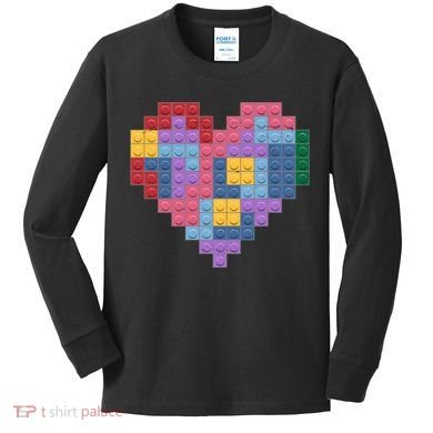 Valentines Day Blocks Pixelated Heart Bricks Kids Long Sleeve Shirt