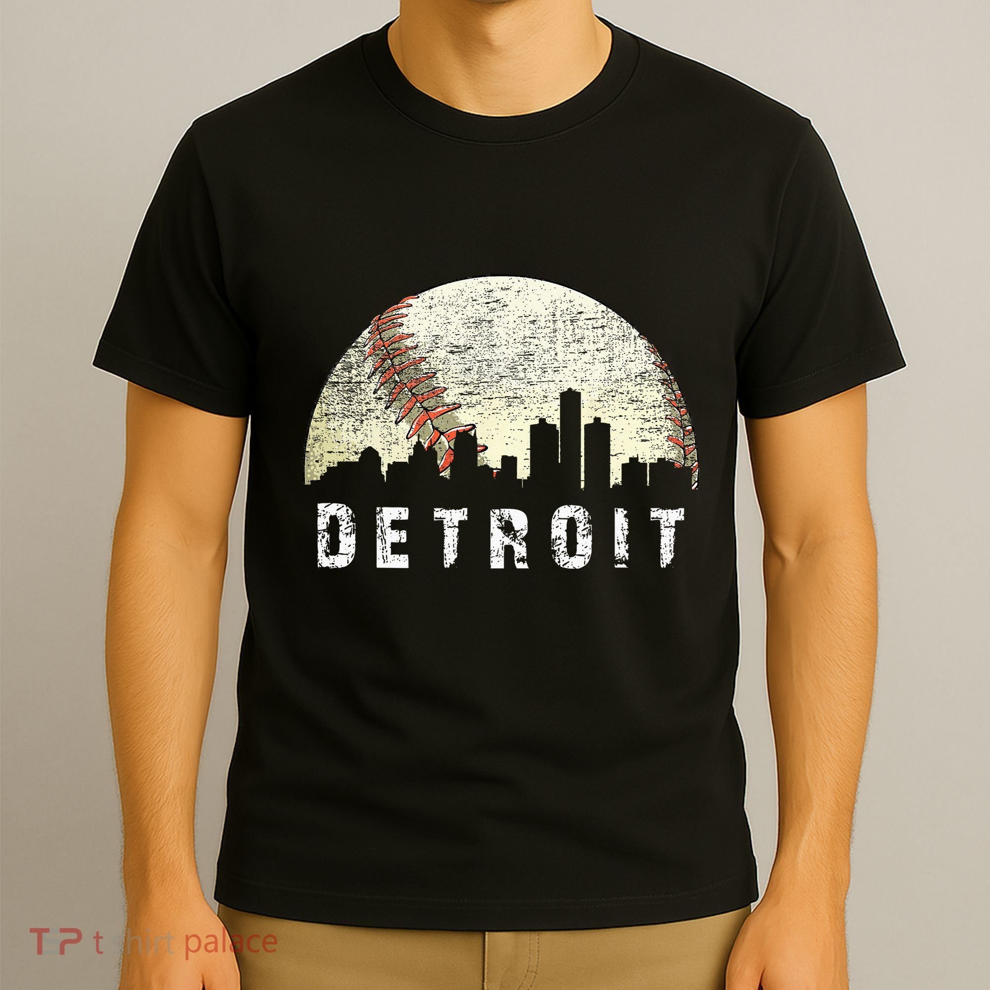Vintage Detroit Cityscape Baseball Lover Men Women Kids T-Shirt