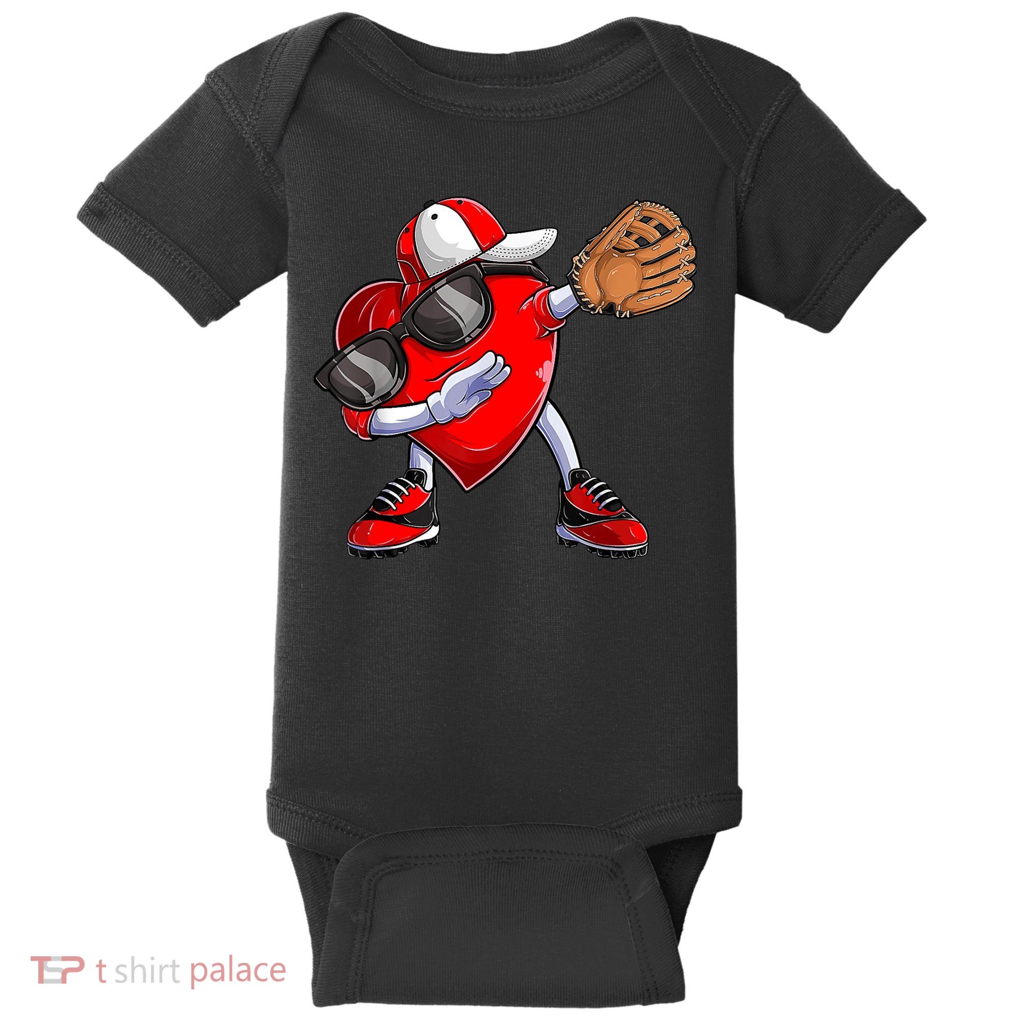 Valentines Day Dabbing Heart Shirt Boys Baseball Catcher Baby Bodysuit