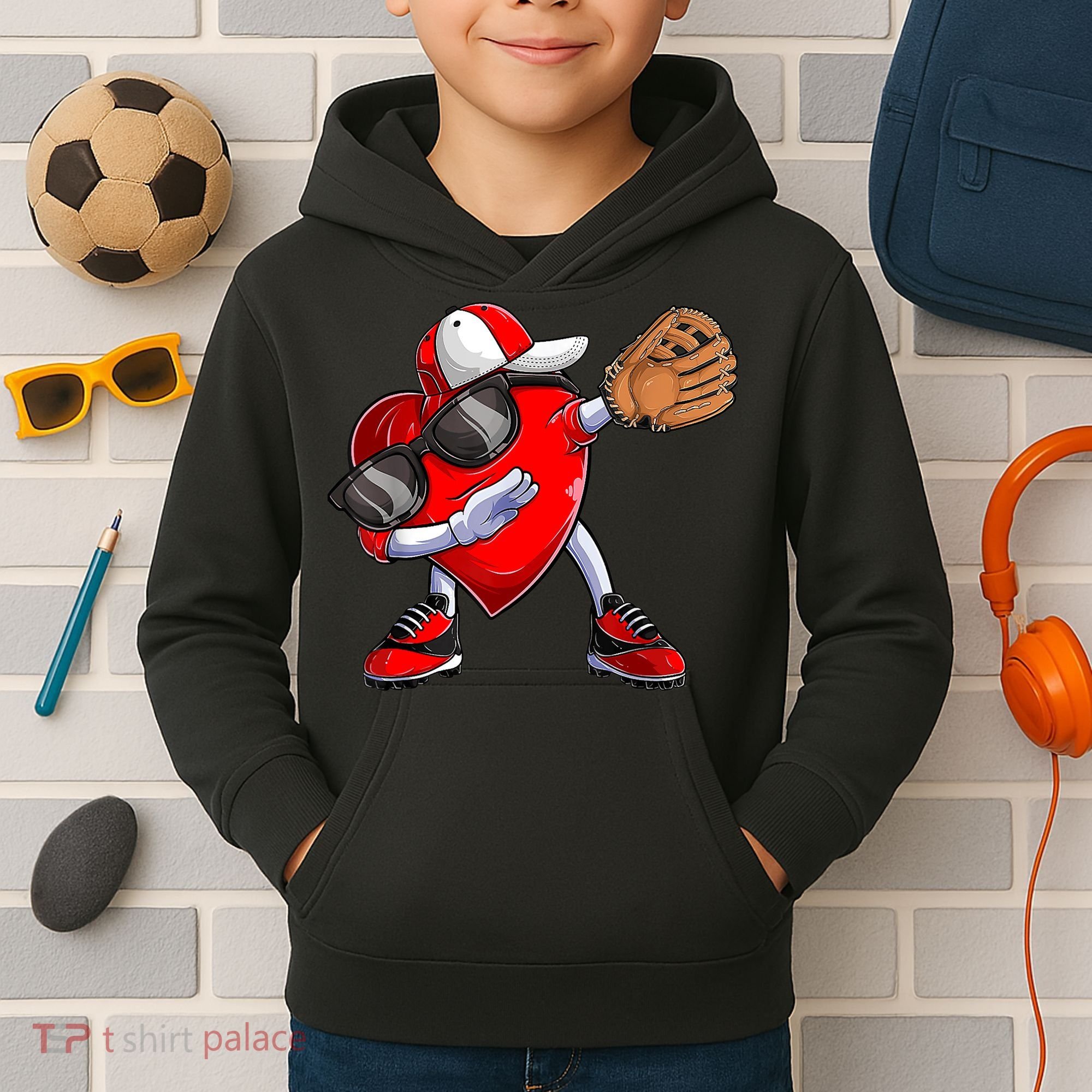 Valentines Day Dabbing Heart Shirt Boys Baseball Catcher Kids Hoodie